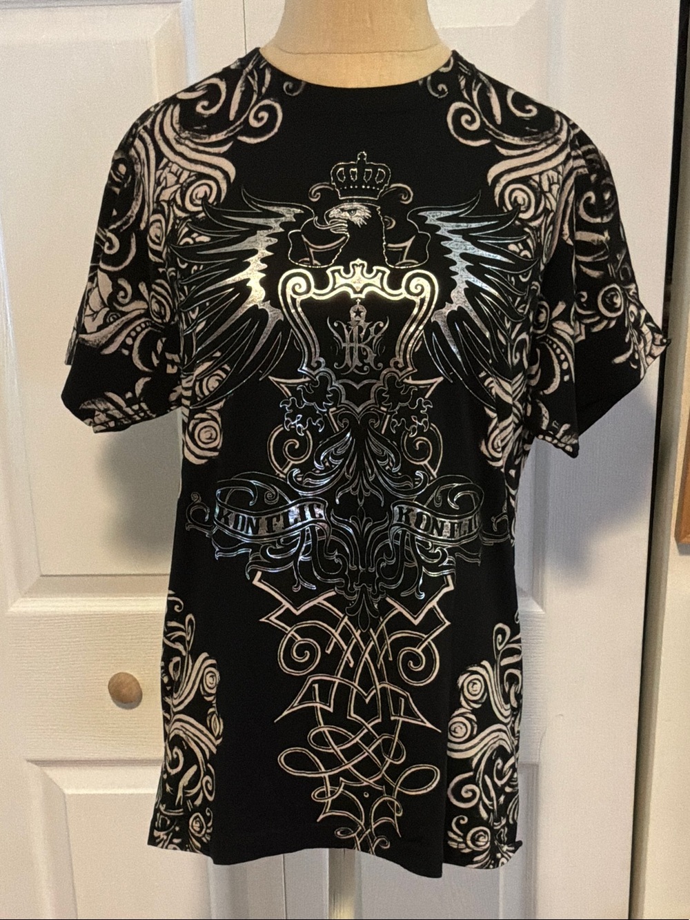 Konflic Black Short-Sleeve Graphic Tee with Metallic Crest